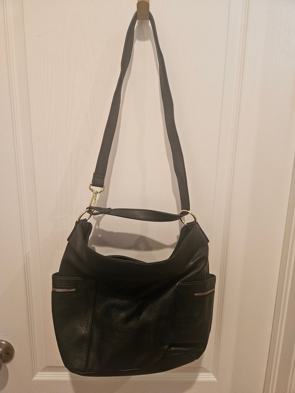 Bueno Black Leather Shoulder Hobo Bag with Gold Accents